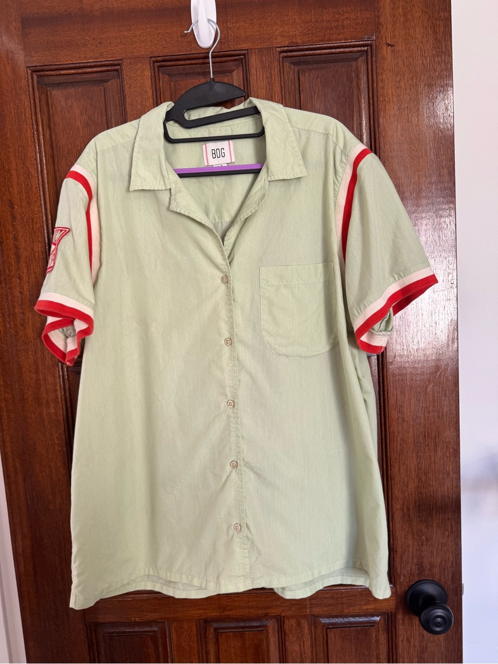 BDG Light Green Short Sleeve Button-Up Shirt with Red Trim
